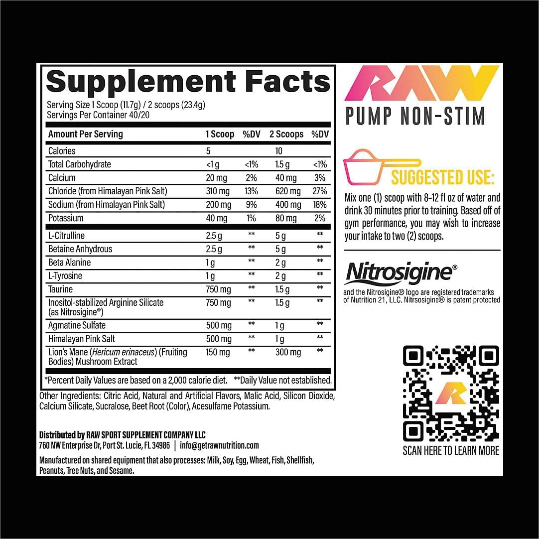 RAW PUMP NON-STIM PRE-WORKOUT 40/20 SERV